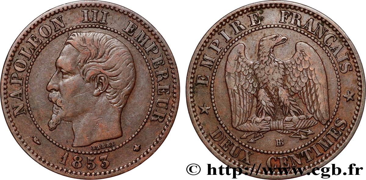 Deux centimes Napoléon III, tête nue 1853 Strasbourg F.107/3 TTB 