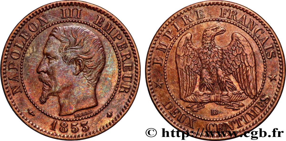 Deux centimes Napoléon III, tête nue 1853 Strasbourg F.107/3 XF 