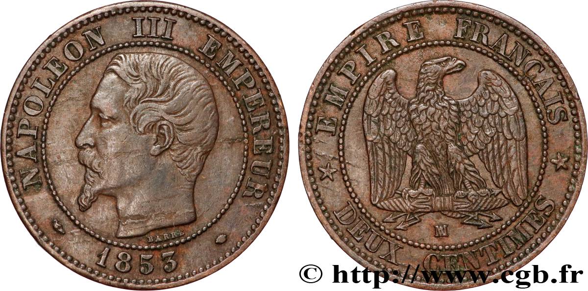 Deux centimes Napoléon III, tête nue 1853 Marseille F.107/7 TTB 