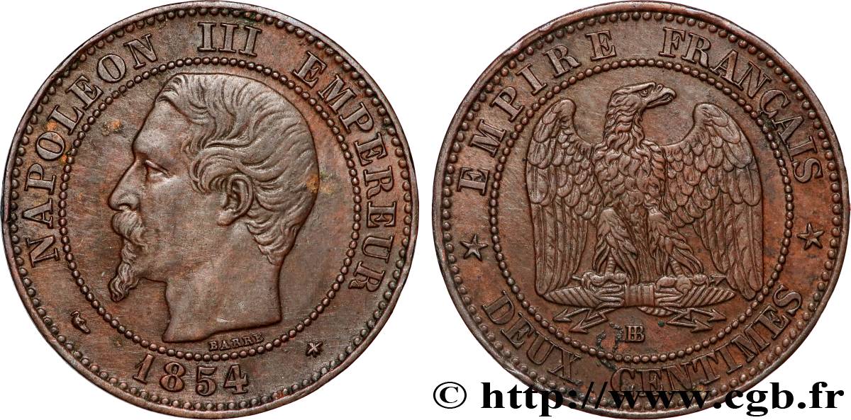 Deux centimes Napoléon III, tête nue 1854 Strasbourg F.107/11 q.BB 