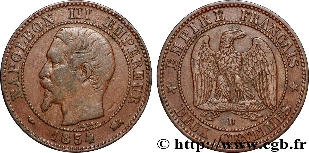 Deux centimes Napoléon III, tête nue, petit D et grand lion 1854 Lyon F.107/14 TB 