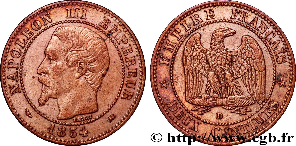 Deux centimes Napoléon III, tête nue 1854 Lyon F.107/15 TB+ 