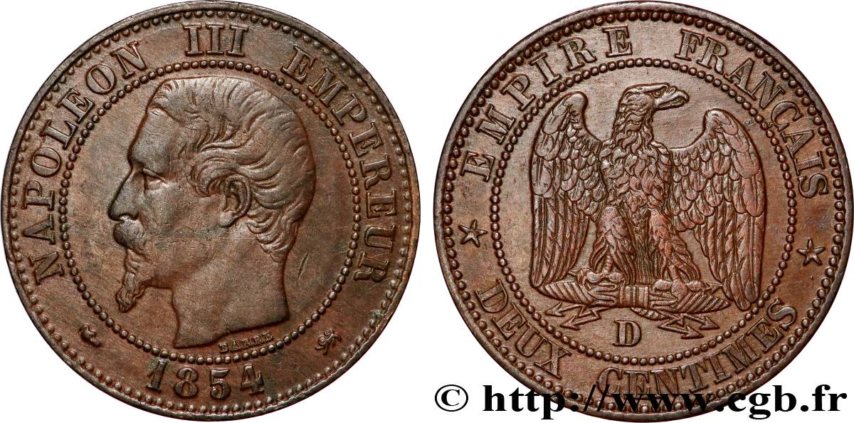Deux centimes Napoléon III, tête nue 1854 Lyon F.107/13 TB+ 