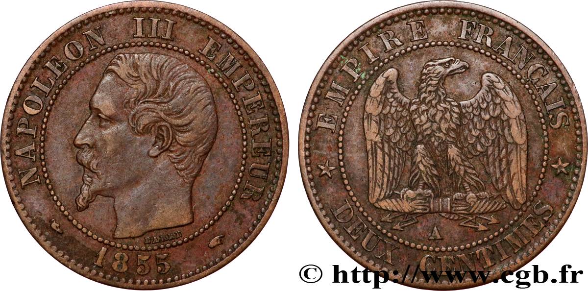 Deux centimes Napoléon III, tête nue 1855 Paris F.107/19 XF 