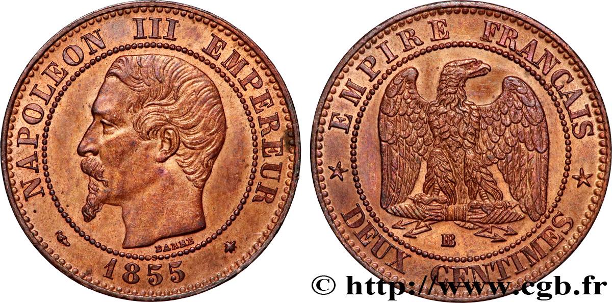 Deux centimes Napoléon III, tête nue, différent levrette 1855 Strasbourg F.107/23 AU 