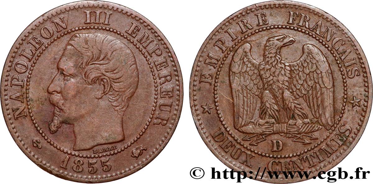 Deux centimes Napoléon III, tête nue 1855 Lyon F.107/28 fSS 