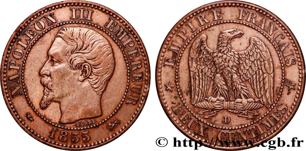 Deux centimes Napoléon III, tête nue 1855 Lyon F.107/29 XF 