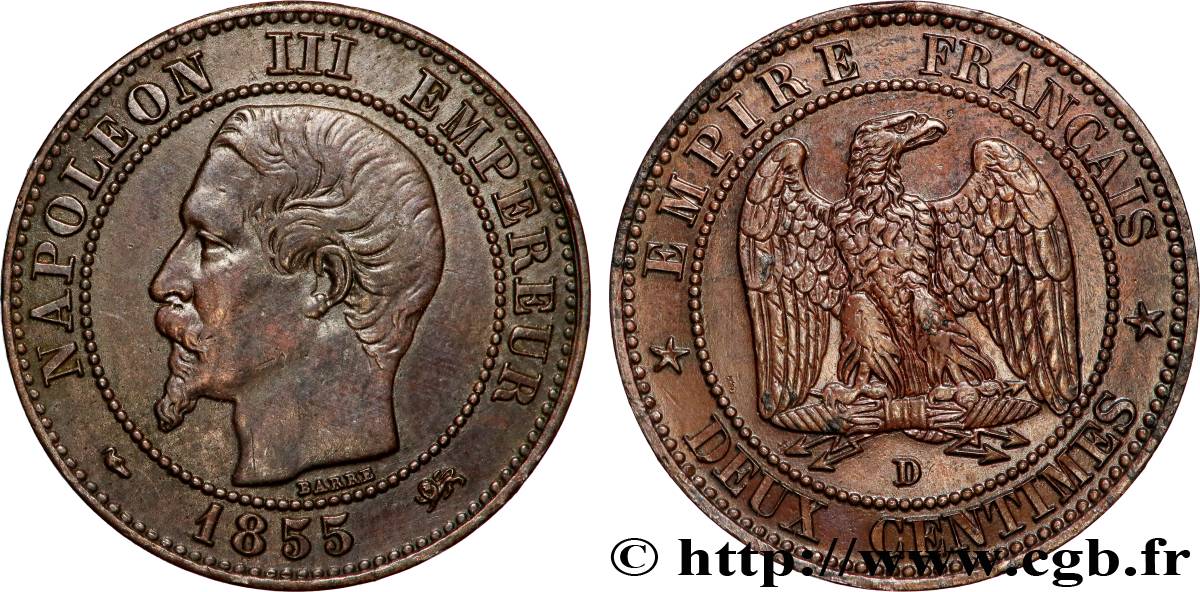 Deux centimes Napoléon III, tête nue 1855 Lyon F.107/29 SS 