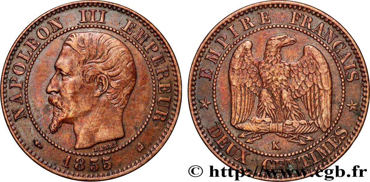 Deux centimes Napoléon III, tête nue 1855 Bordeaux F.107/33 SS 
