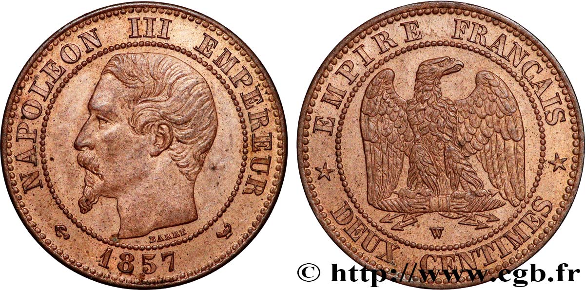Deux centimes Napoléon III, tête nue 1857 Lille F.107/51 SUP60 