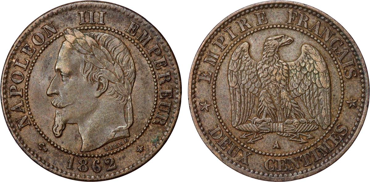 Deux centimes Napoléon III, tête laurée, buste définitif 1862 Paris F.108A/4 TTB+ 