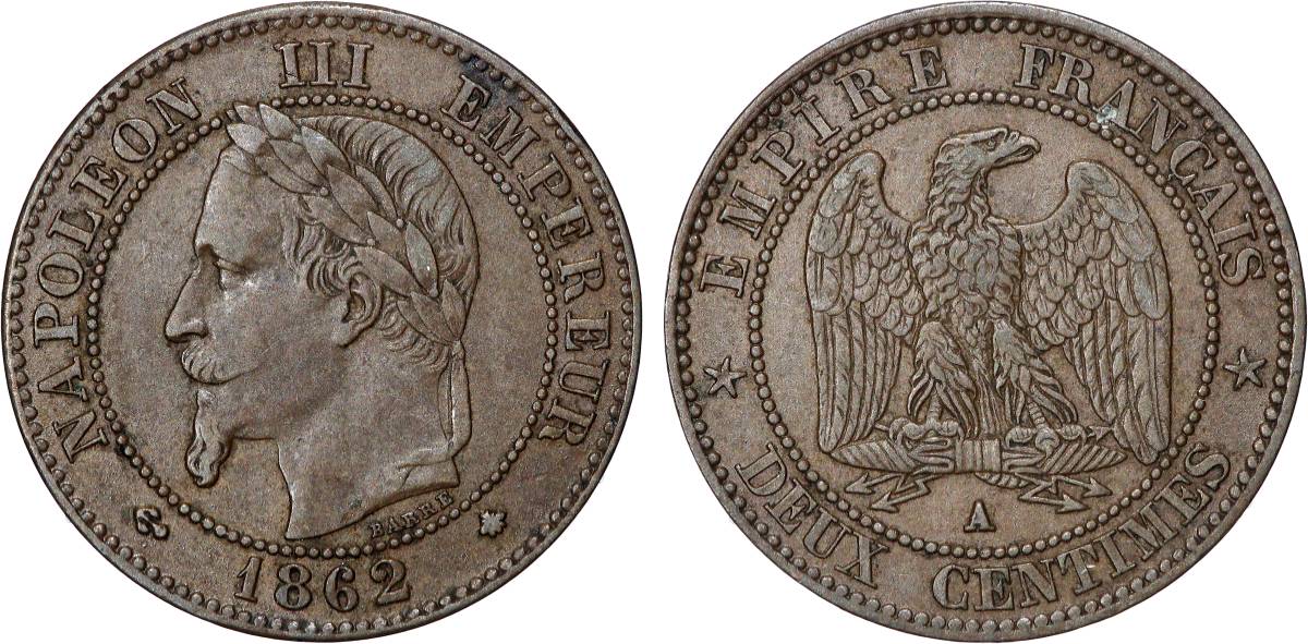 Deux centimes Napoléon III, tête laurée, buste définitif 1862 Paris F.108A/4 q.SPL 