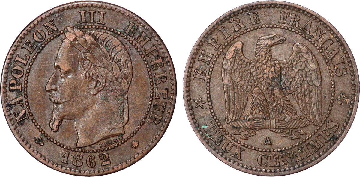 Deux centimes Napoléon III, tête laurée, buste définitif 1862 Paris F.108A/4 fVZ 