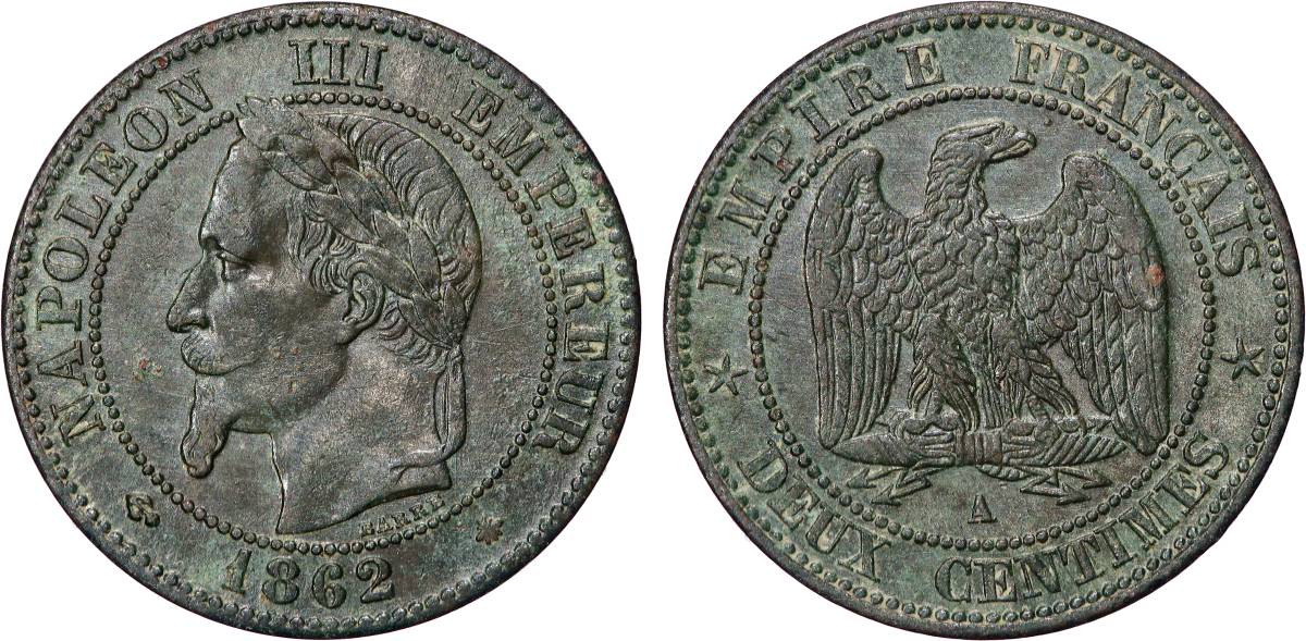 Deux centimes Napoléon III, tête laurée, buste définitif 1862 Paris F.108A/4 AU 