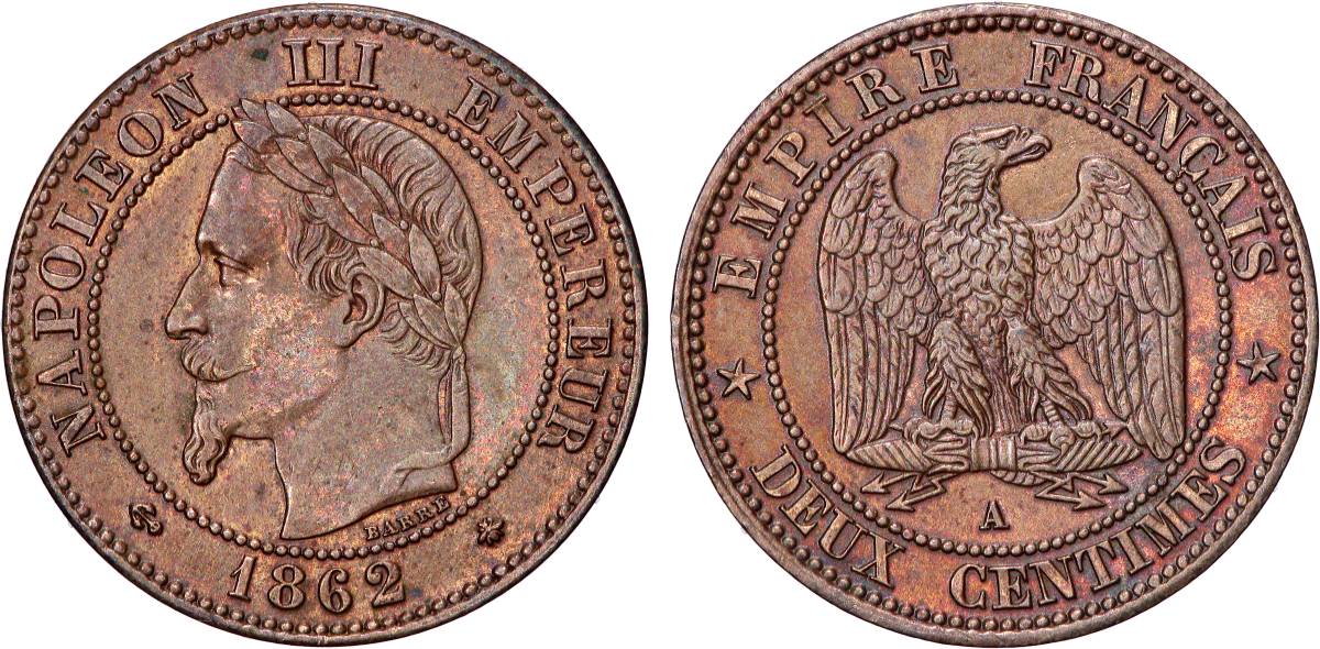 Deux centimes Napoléon III, tête laurée, buste définitif 1862 Paris F.108A/4 AU 