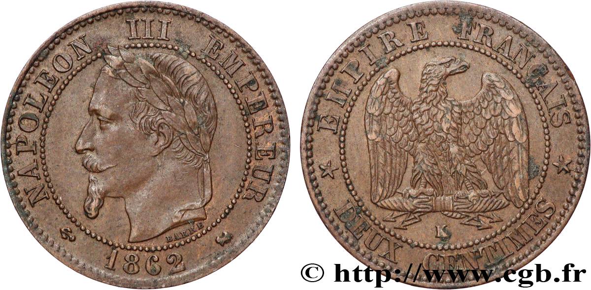 Deux centimes Napoléon III, tête laurée 1862 Bordeaux F.108A/7 SS 