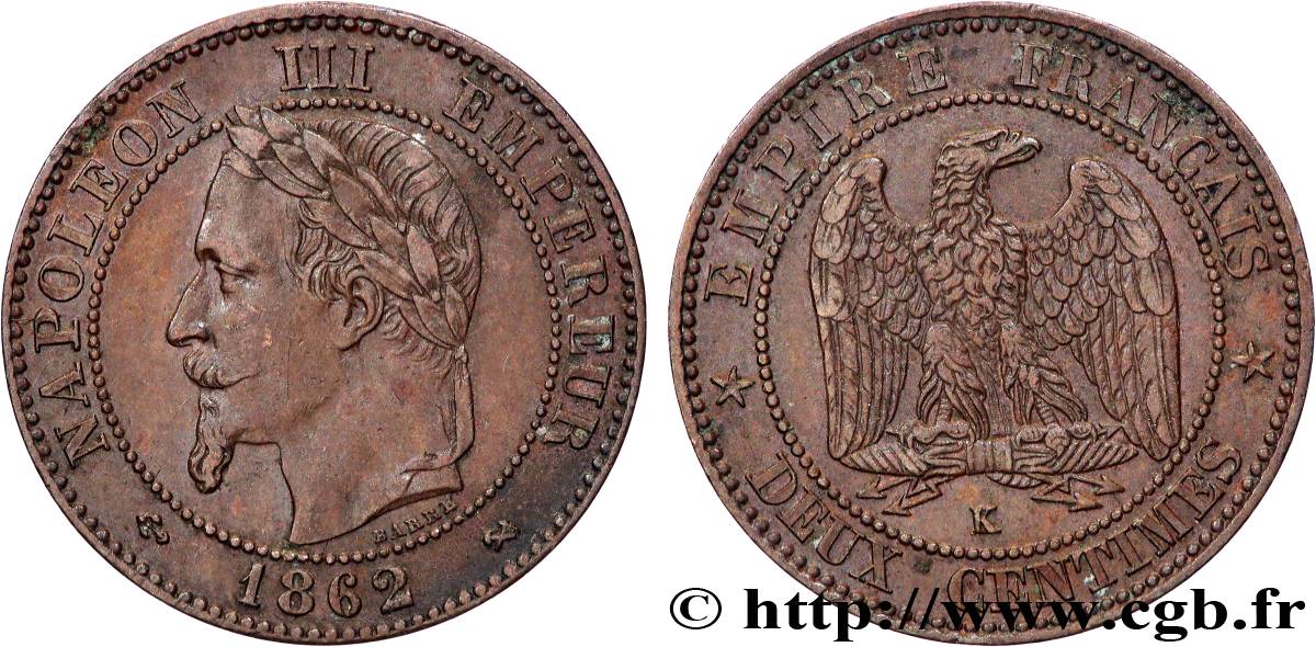 Deux centimes Napoléon III, tête laurée 1862 Bordeaux F.108A/7 XF 