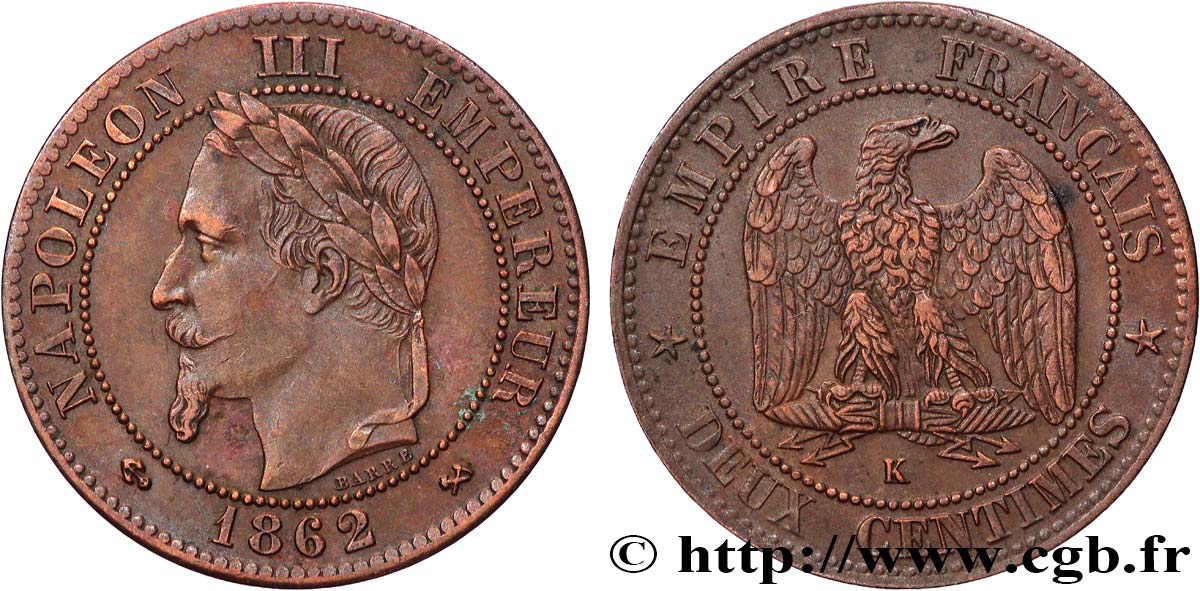 Deux centimes Napoléon III, tête laurée 1862 Bordeaux F.108A/7 MBC 