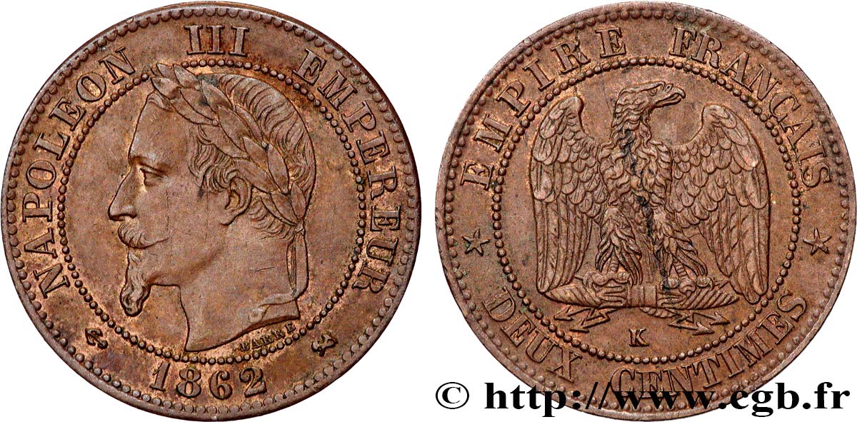 Deux centimes Napoléon III, tête laurée 1862 Bordeaux F.108A/7 BB 