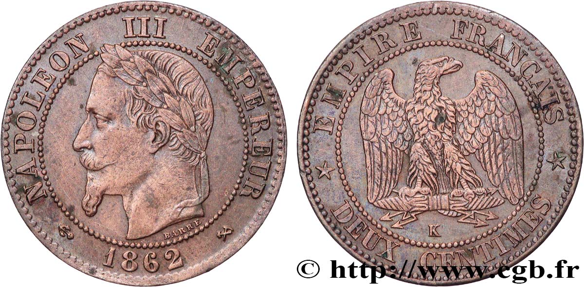 Deux centimes Napoléon III, tête laurée 1862 Bordeaux F.108A/7 TTB 