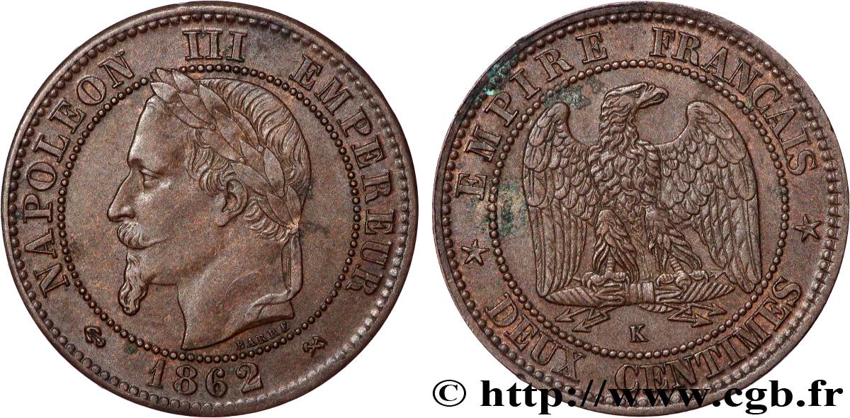 Deux centimes Napoléon III, tête laurée 1862 Bordeaux F.108A/7 TTB 
