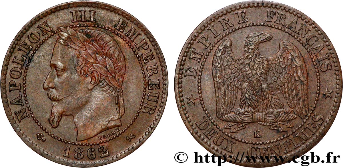 Deux centimes Napoléon III, tête laurée 1862 Bordeaux F.108A/7 SS 