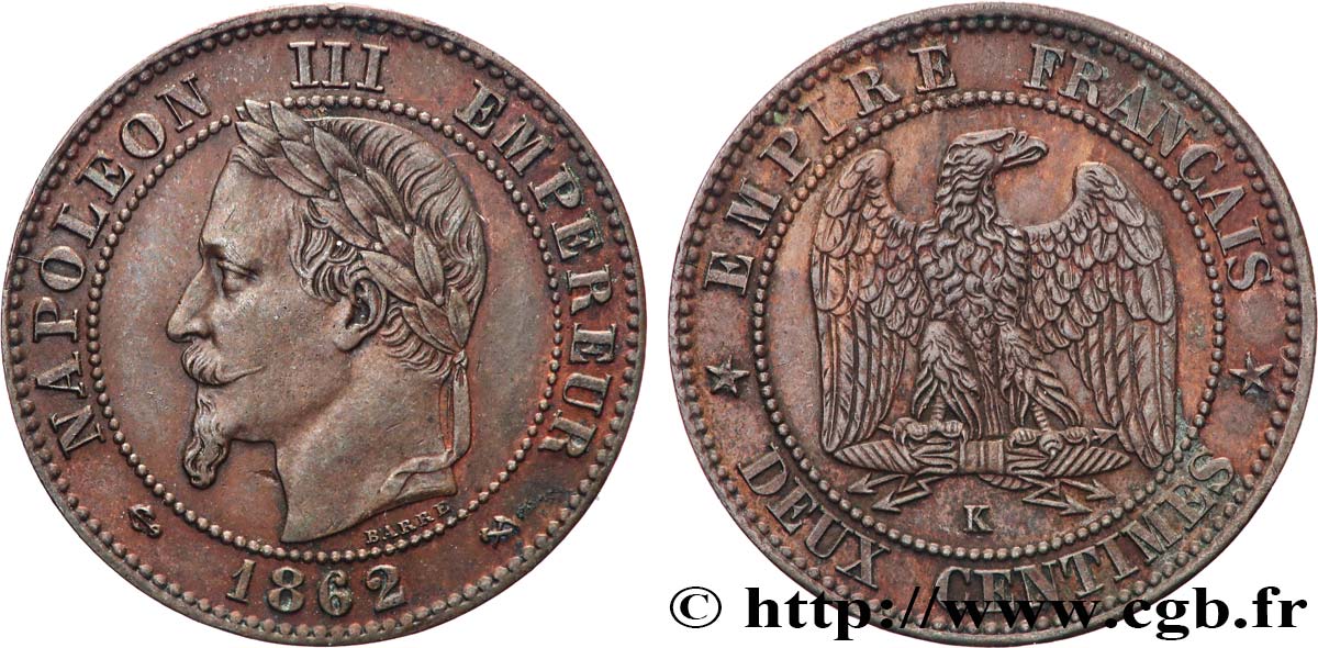 Deux centimes Napoléon III, tête laurée 1862 Bordeaux F.108A/7 AU 