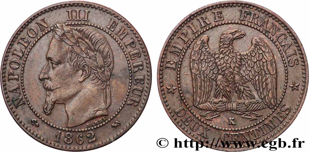 Deux centimes Napoléon III, tête laurée 1862 Bordeaux F.108A/7 TTB+ 