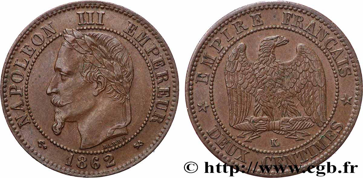 Deux centimes Napoléon III, tête laurée 1862 Bordeaux F.108A/7 fVZ 