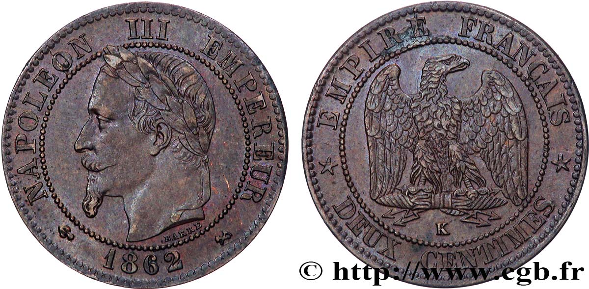Deux centimes Napoléon III, tête laurée 1862 Bordeaux F.108A/7 fVZ 