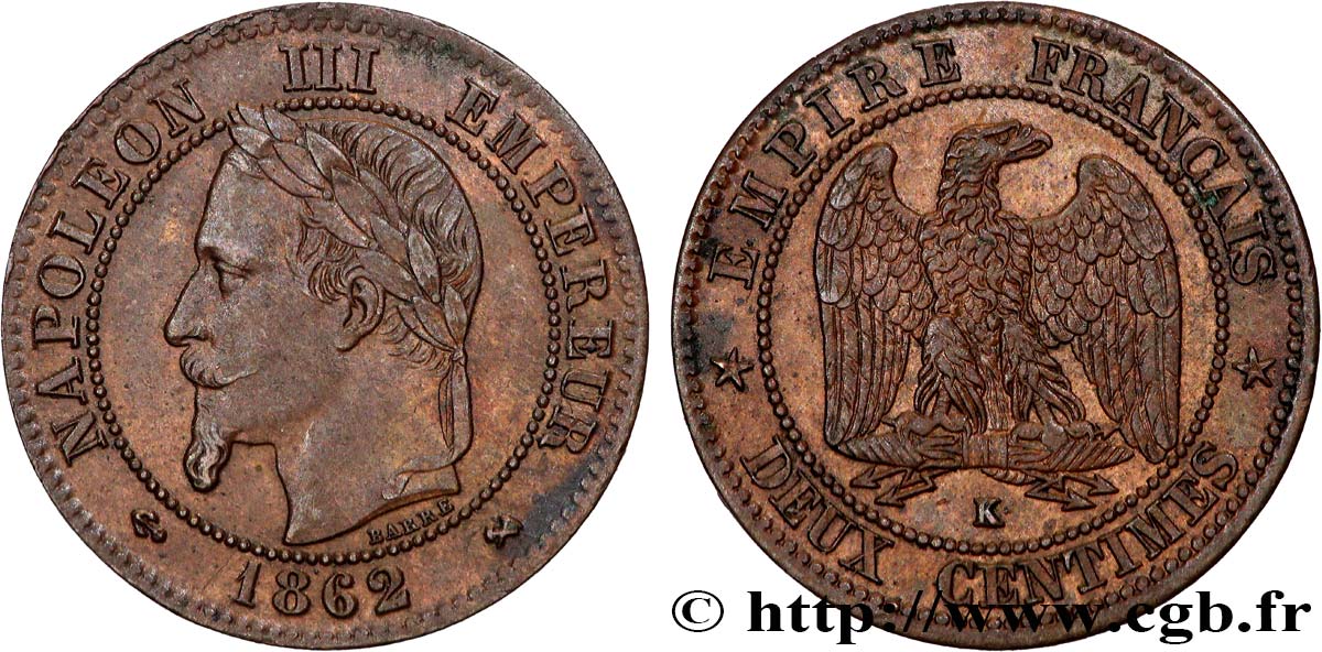 Deux centimes Napoléon III, tête laurée 1862 Bordeaux F.108A/7 q.SPL 
