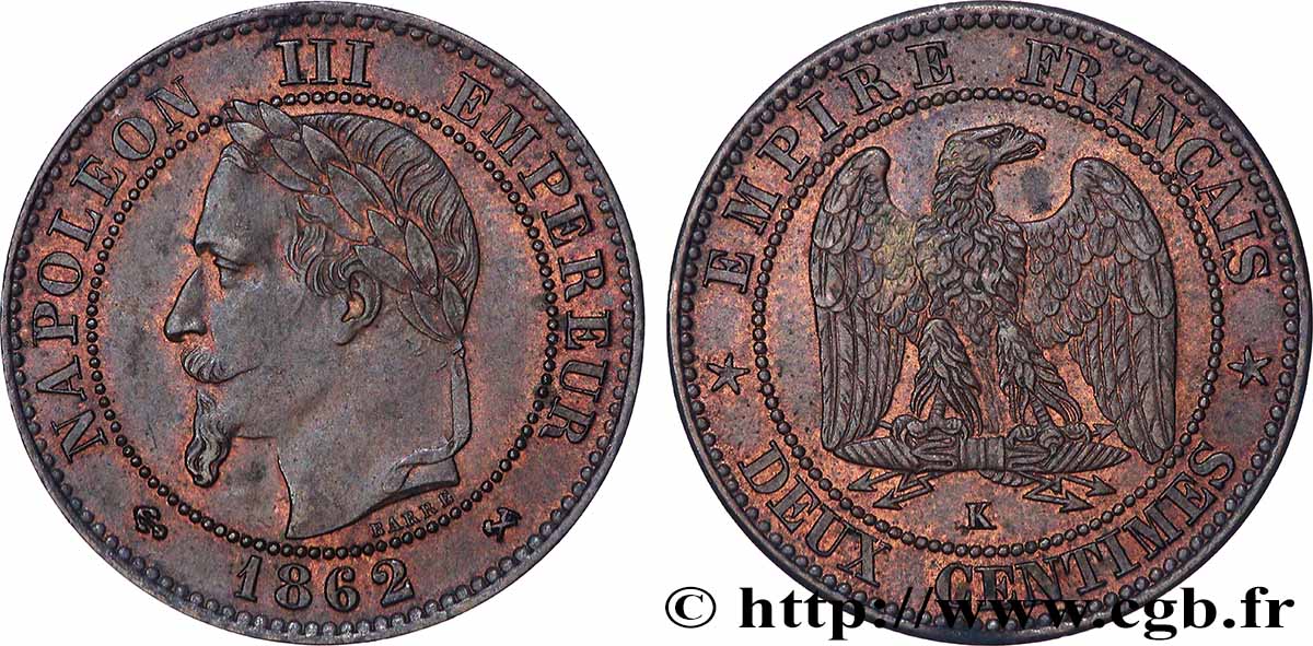 Deux centimes Napoléon III, tête laurée 1862 Bordeaux F.108A/7 MBC+ 