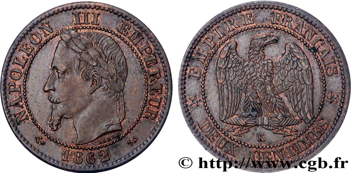 Deux centimes Napoléon III, tête laurée 1862 Bordeaux F.108A/7 AU 