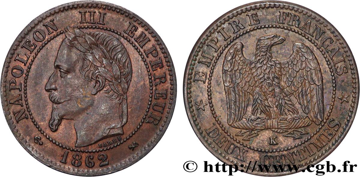 Deux centimes Napoléon III, tête laurée 1862 Bordeaux F.108A/7 AU 