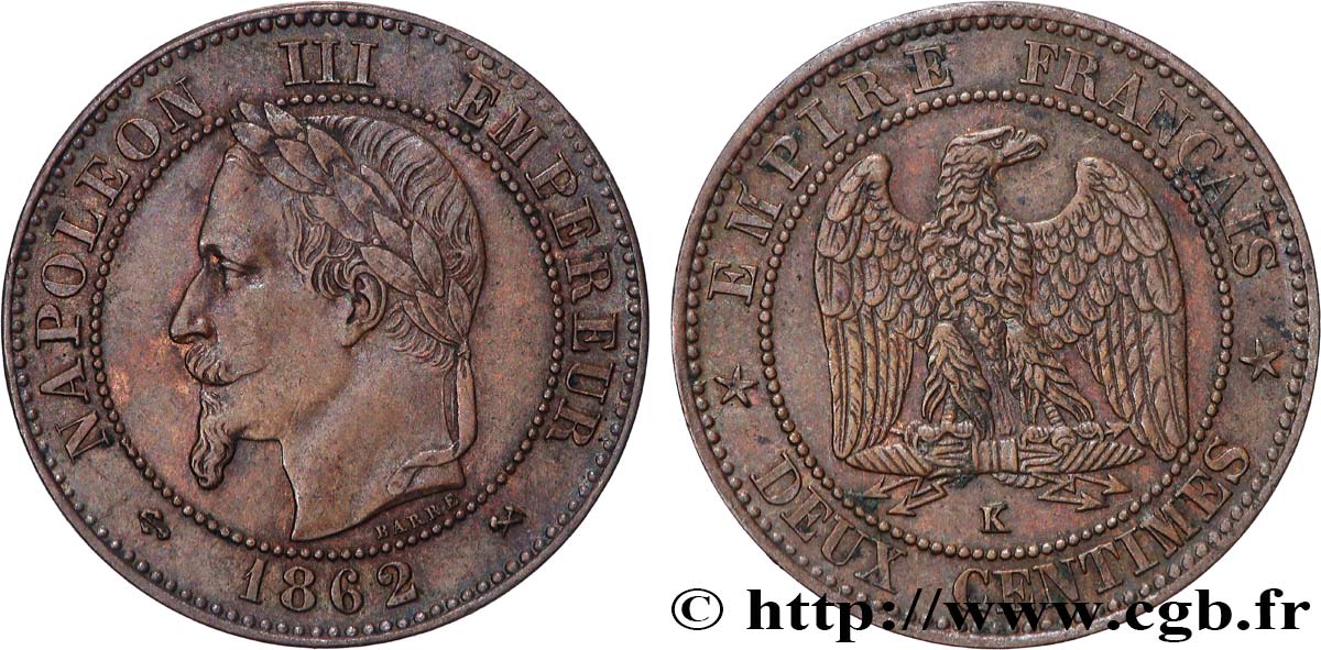 Deux centimes Napoléon III, tête laurée 1862 Bordeaux F.108A/7 AU 