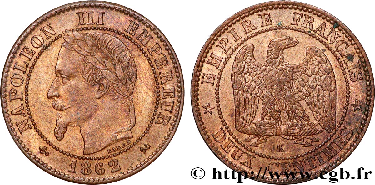 Deux centimes Napoléon III, tête laurée 1862 Bordeaux F.108A/7 AU 