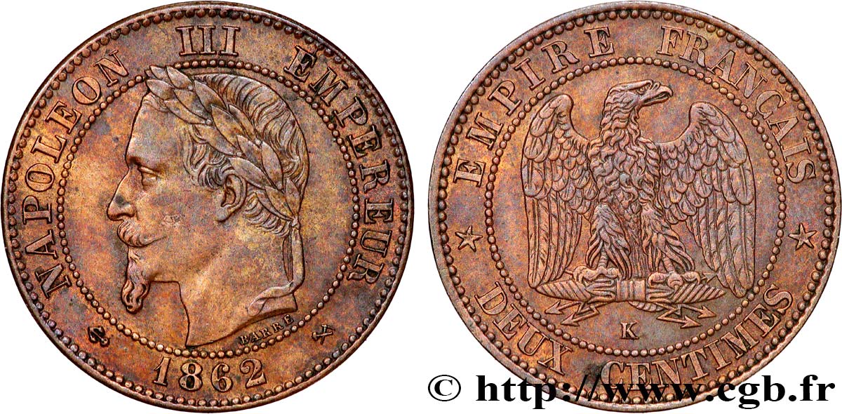 Deux centimes Napoléon III, tête laurée 1862 Bordeaux F.108A/7 AU 