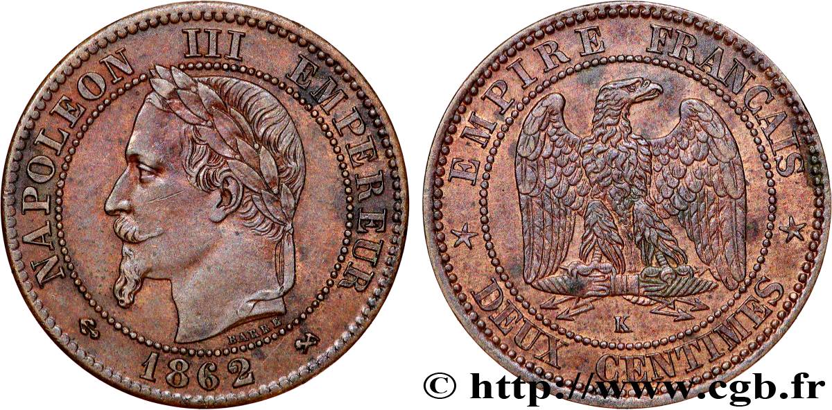 Deux centimes Napoléon III, tête laurée 1862 Bordeaux F.108A/7 MBC+ 