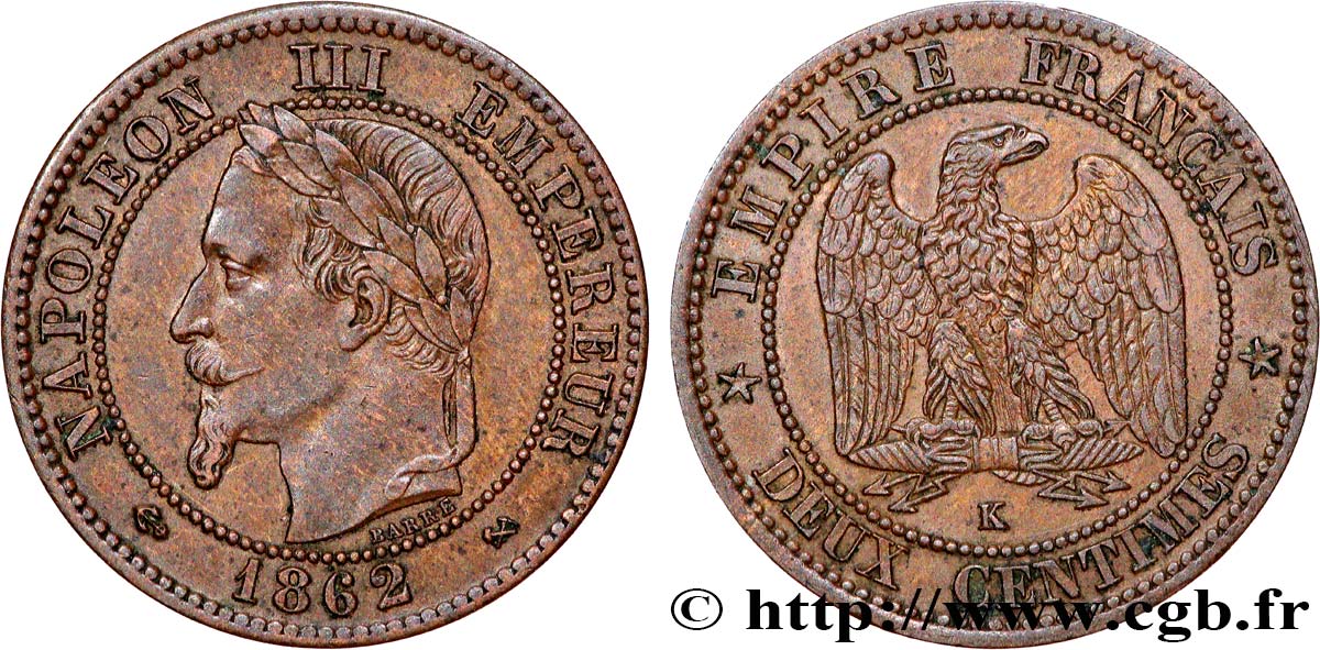 Deux centimes Napoléon III, tête laurée 1862 Bordeaux F.108A/7 AU 