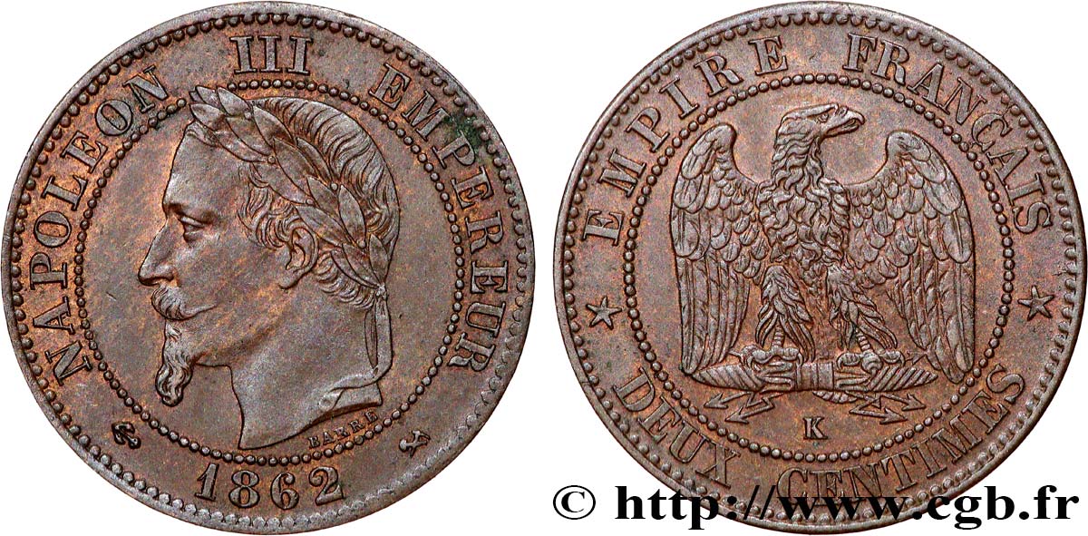 Deux centimes Napoléon III, tête laurée 1862 Bordeaux F.108A/7 fVZ 