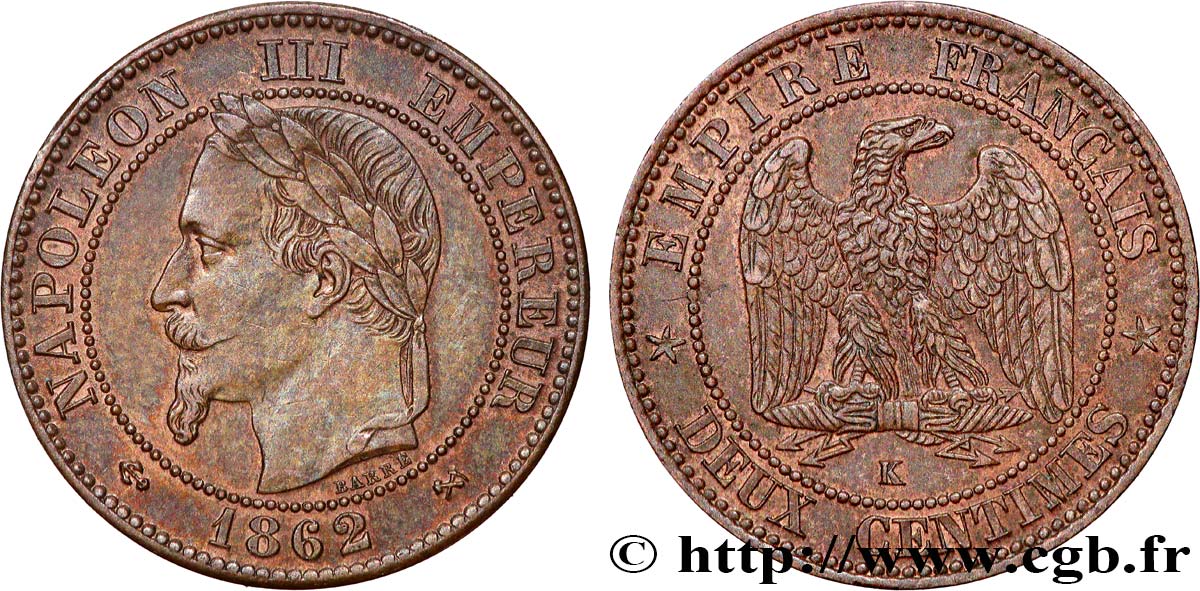 Deux centimes Napoléon III, tête laurée 1862 Bordeaux F.108A/7 AU 