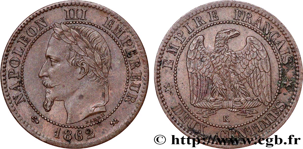Deux centimes Napoléon III, tête laurée 1862 Bordeaux F.108A/7 AU 