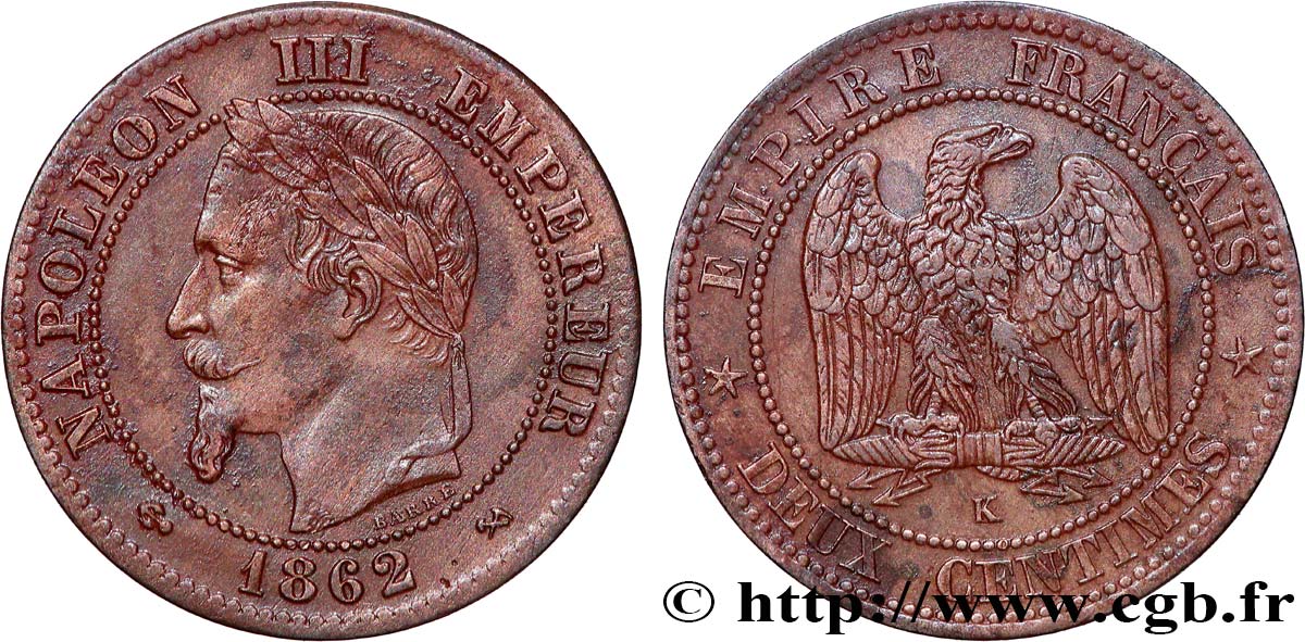 Deux centimes Napoléon III, tête laurée 1862 Bordeaux F.108A/7 q.SPL 
