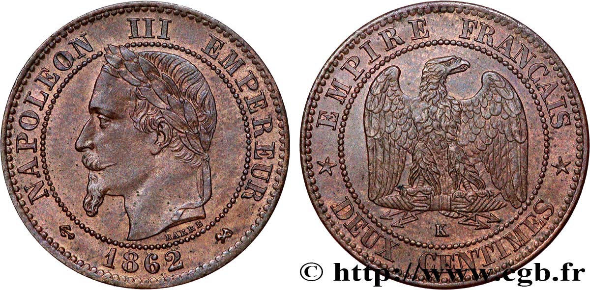 Deux centimes Napoléon III, tête laurée 1862 Bordeaux F.108A/7 SUP 