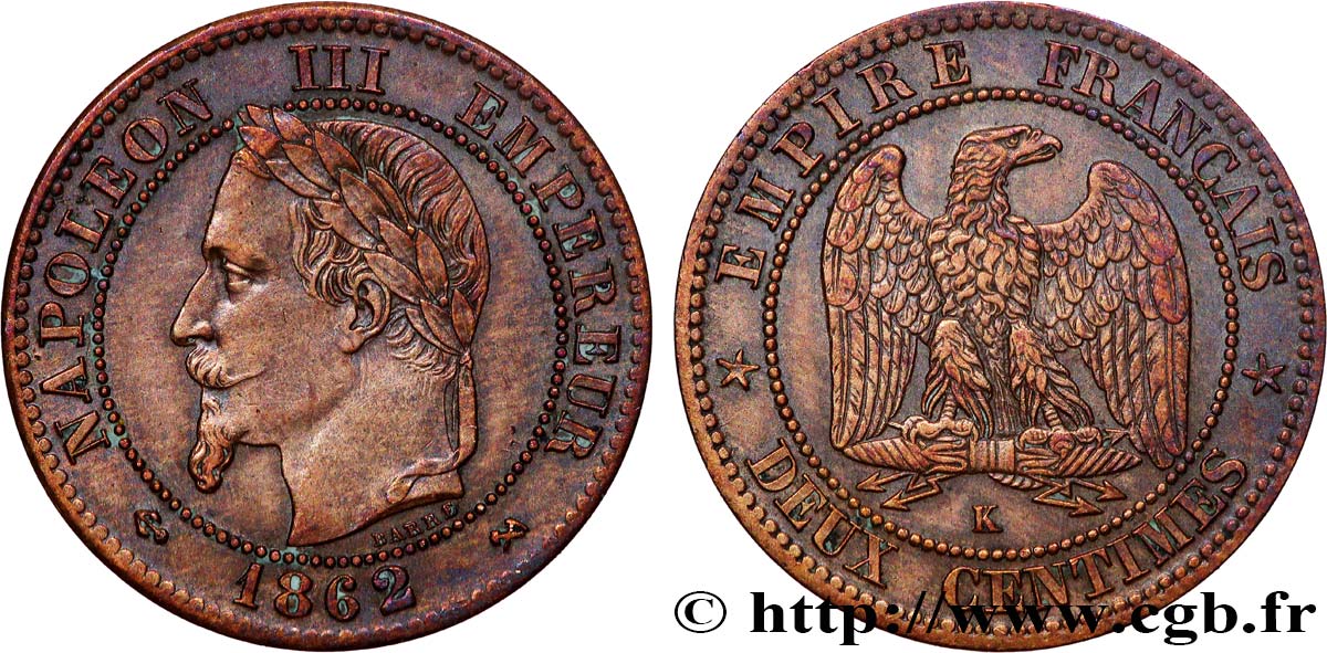 Deux centimes Napoléon III, tête laurée 1862 Bordeaux F.108A/7 AU 