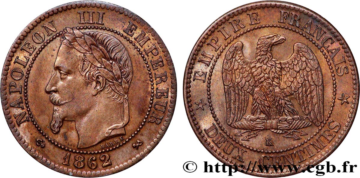 Deux centimes Napoléon III, tête laurée 1862 Bordeaux F.108A/7 AU 