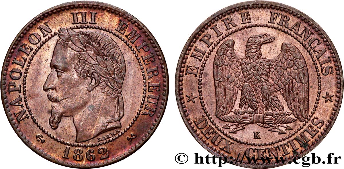 Deux centimes Napoléon III, tête laurée 1862 Bordeaux F.108A/7 AU 