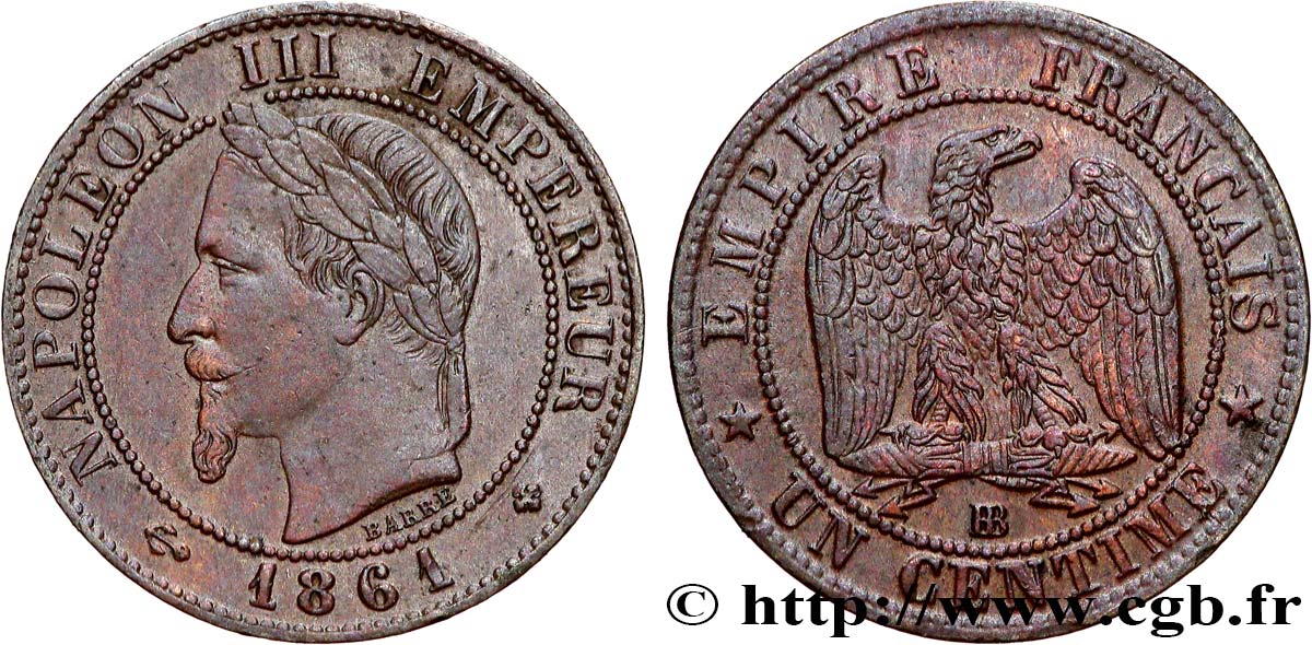 Un centime Napoléon III, tête laurée 1861 Strasbourg F.103/2 VF 