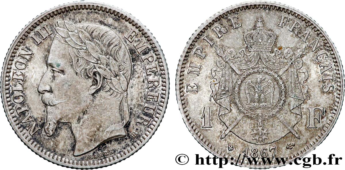 1 franc Napoléon III, tête laurée, grand BB 1867 Strasbourg F.215/8 AU 