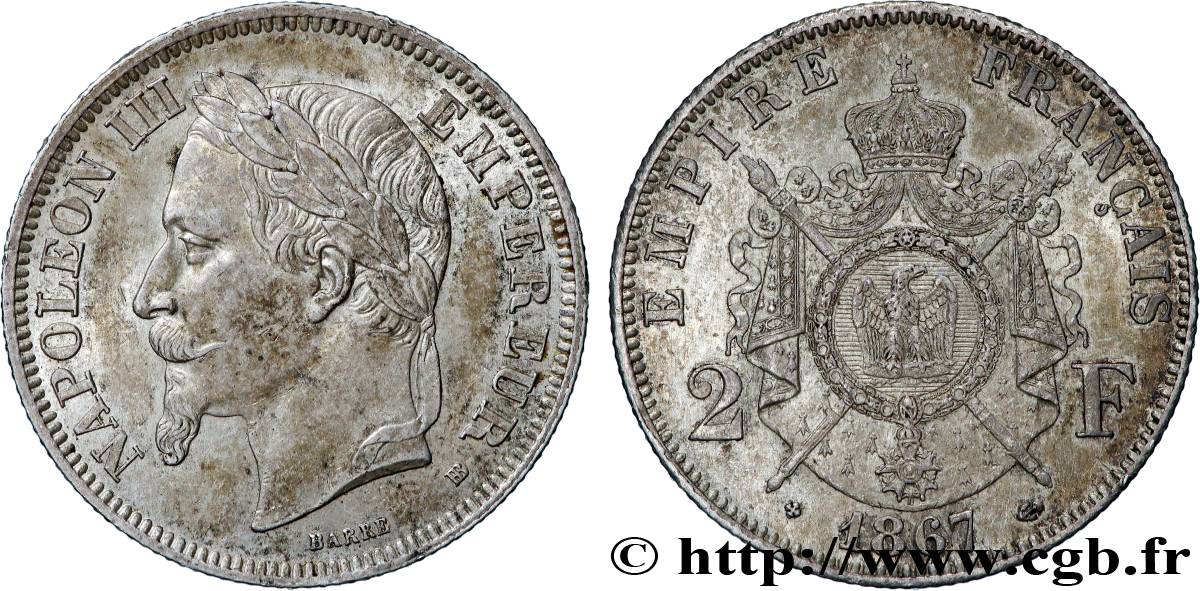 2 francs Napoléon III, tête laurée 1867 Strasbourg F.263/6 SUP 